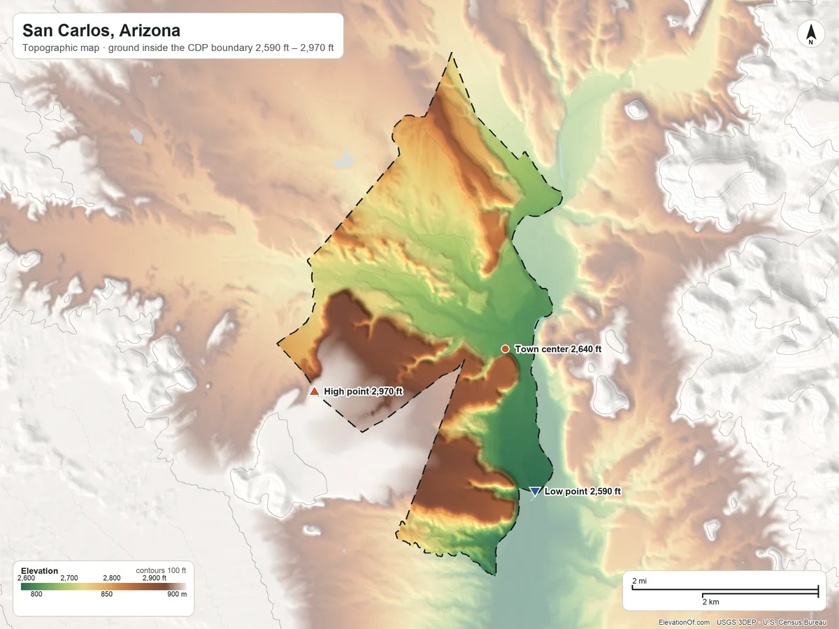 Topographic elevation map of San Carlos, Arizona, shaded from 2,590 ft on the south side to 2,970 ft on the west side