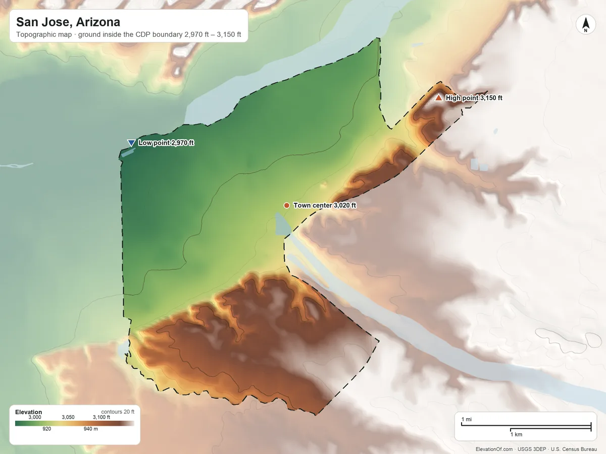 Topographic elevation map of San Jose, Arizona, shaded from 2,970 ft on the west side to 3,150 ft on the northeast side