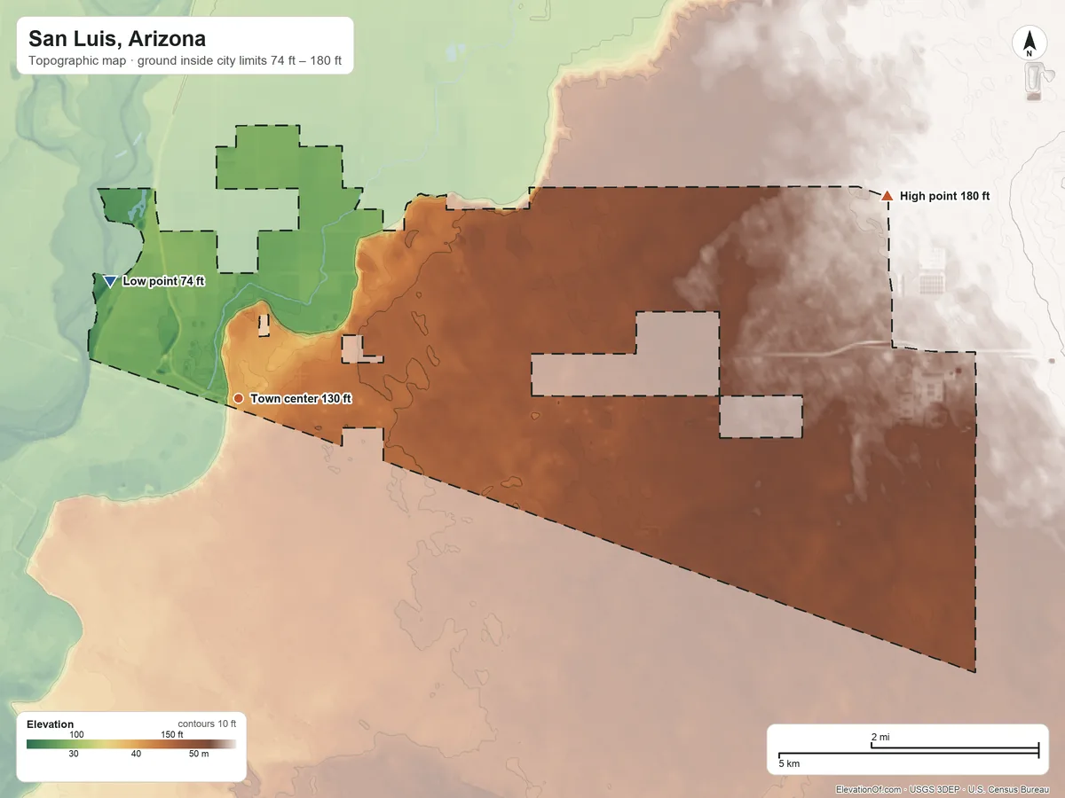 Topographic elevation map of San Luis, Arizona, shaded from 74 ft on the northwest side to 180 ft on the east side