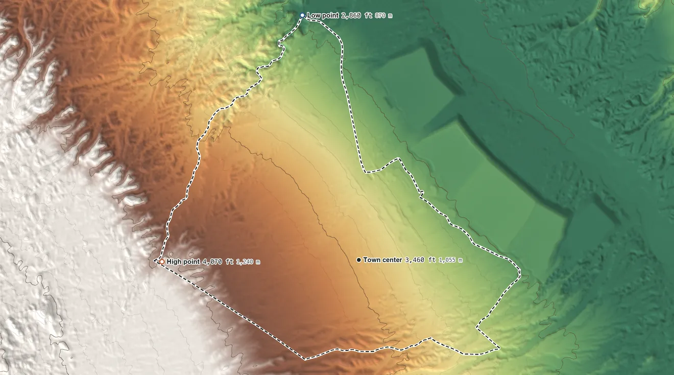 Topographic elevation map of San Manuel, Arizona, shaded from 2,860 ft on the north side to 4,070 ft at the foot of the Santa Catalina Mountains