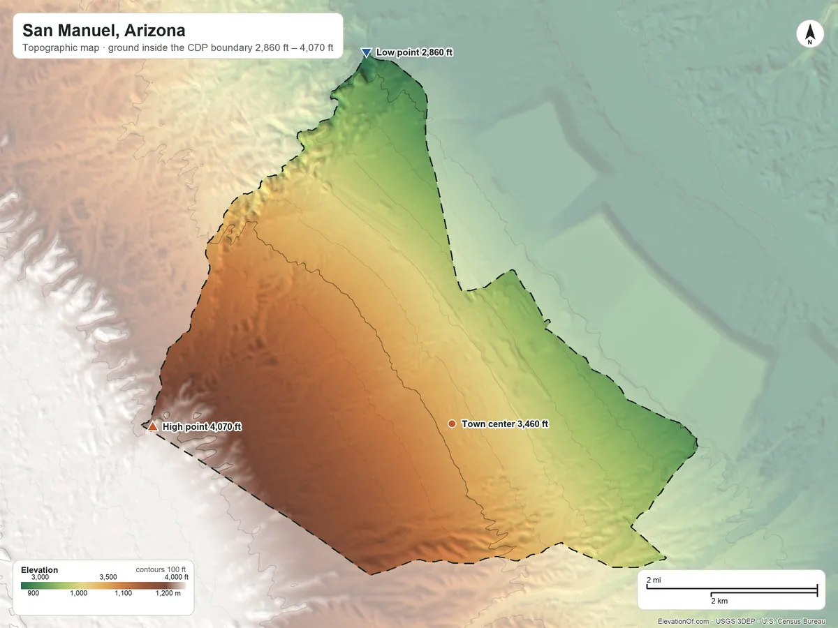 Topographic elevation map of San Manuel, Arizona, shaded from 2,860 ft on the north side to 4,070 ft at the foot of the Santa Catalina Mountains