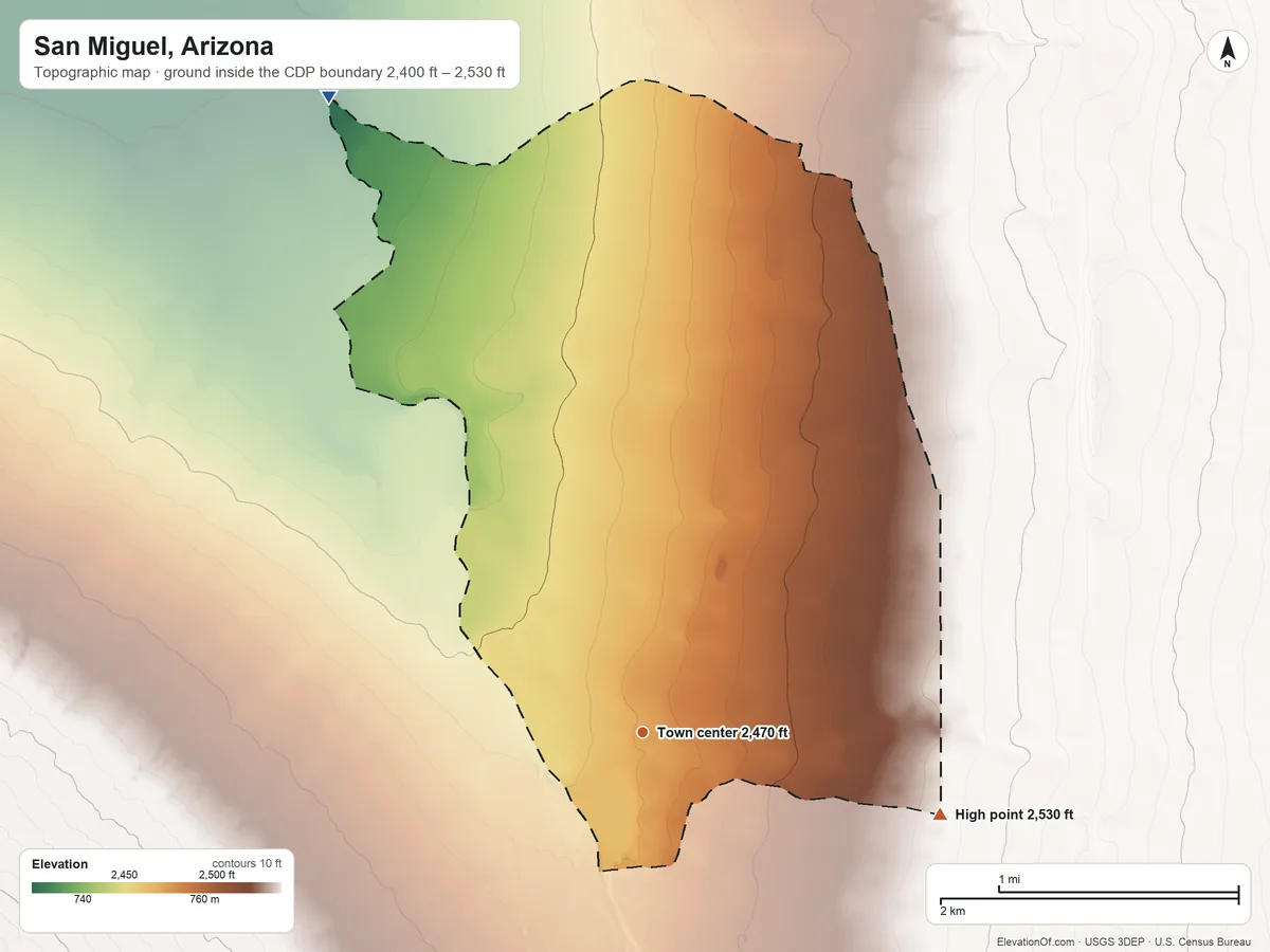 Topographic elevation map of San Miguel, Arizona, shaded from 2,400 ft on the northwest side to 2,530 ft on the east side