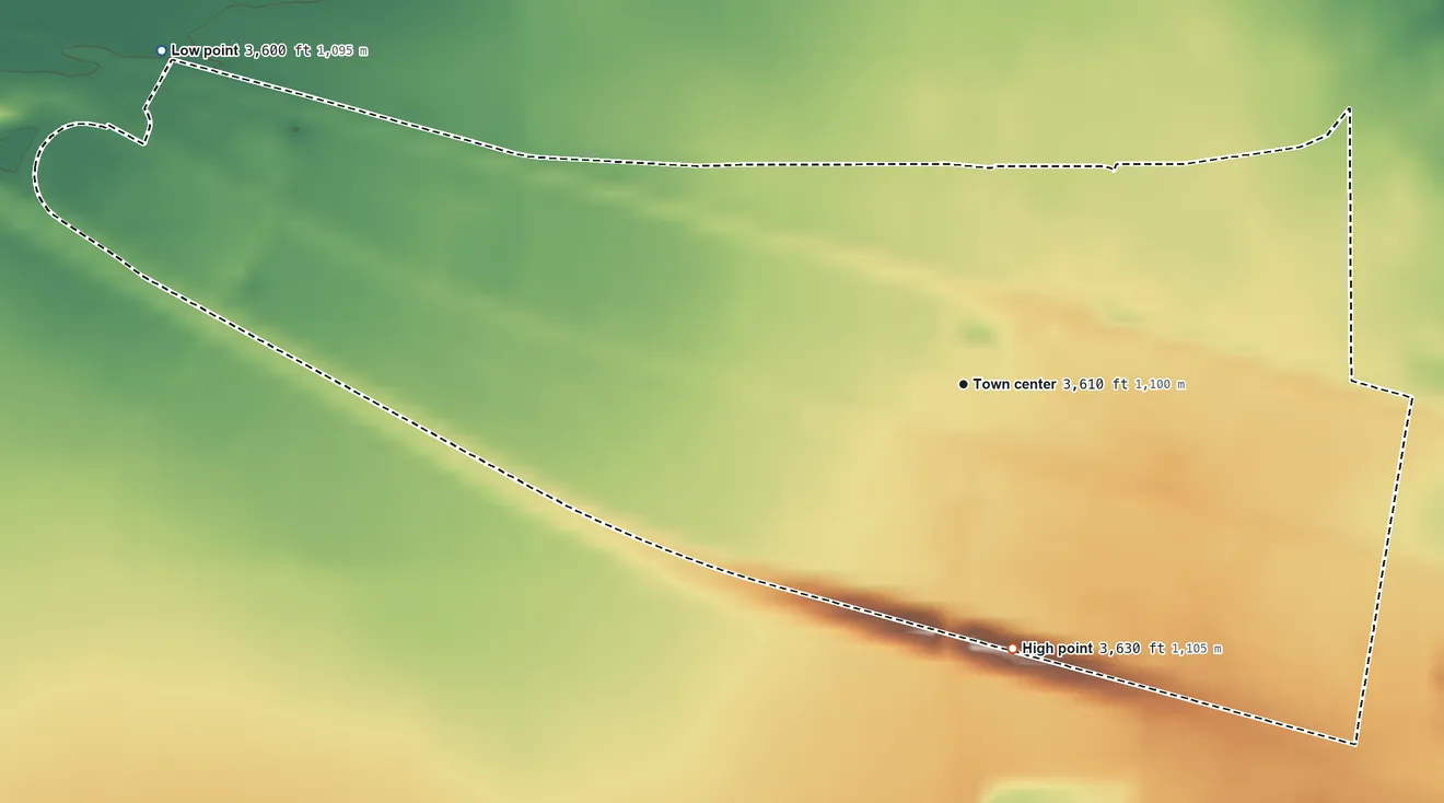 Topographic elevation map of San Simon, Arizona, shaded from 3,600 ft on the northwest side to 3,630 ft on the south side