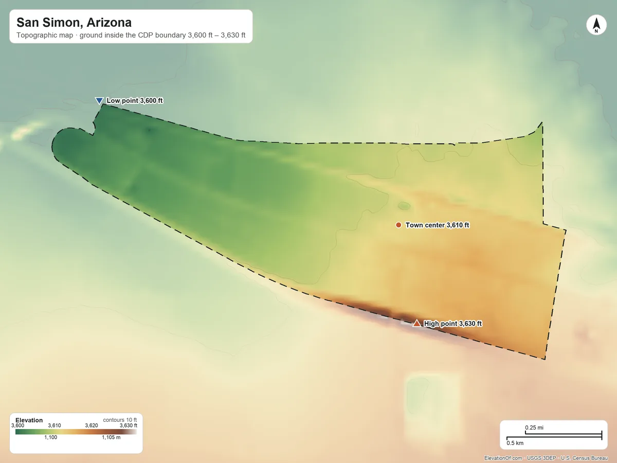 Topographic elevation map of San Simon, Arizona, shaded from 3,600 ft on the northwest side to 3,630 ft on the south side