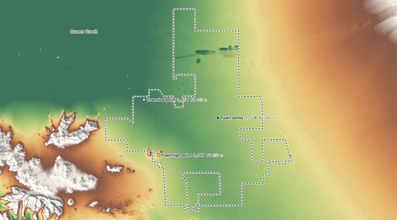 Topographic elevation map of San Tan Valley, Arizona, shaded from 1,450 ft on the west side to 1,800 ft on the southwest side