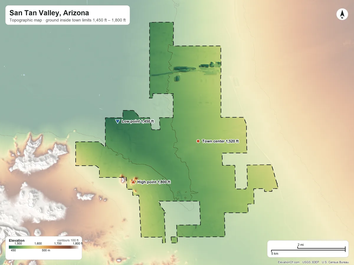Topographic elevation map of San Tan Valley, Arizona, shaded from 1,450 ft on the west side to 1,800 ft on the southwest side