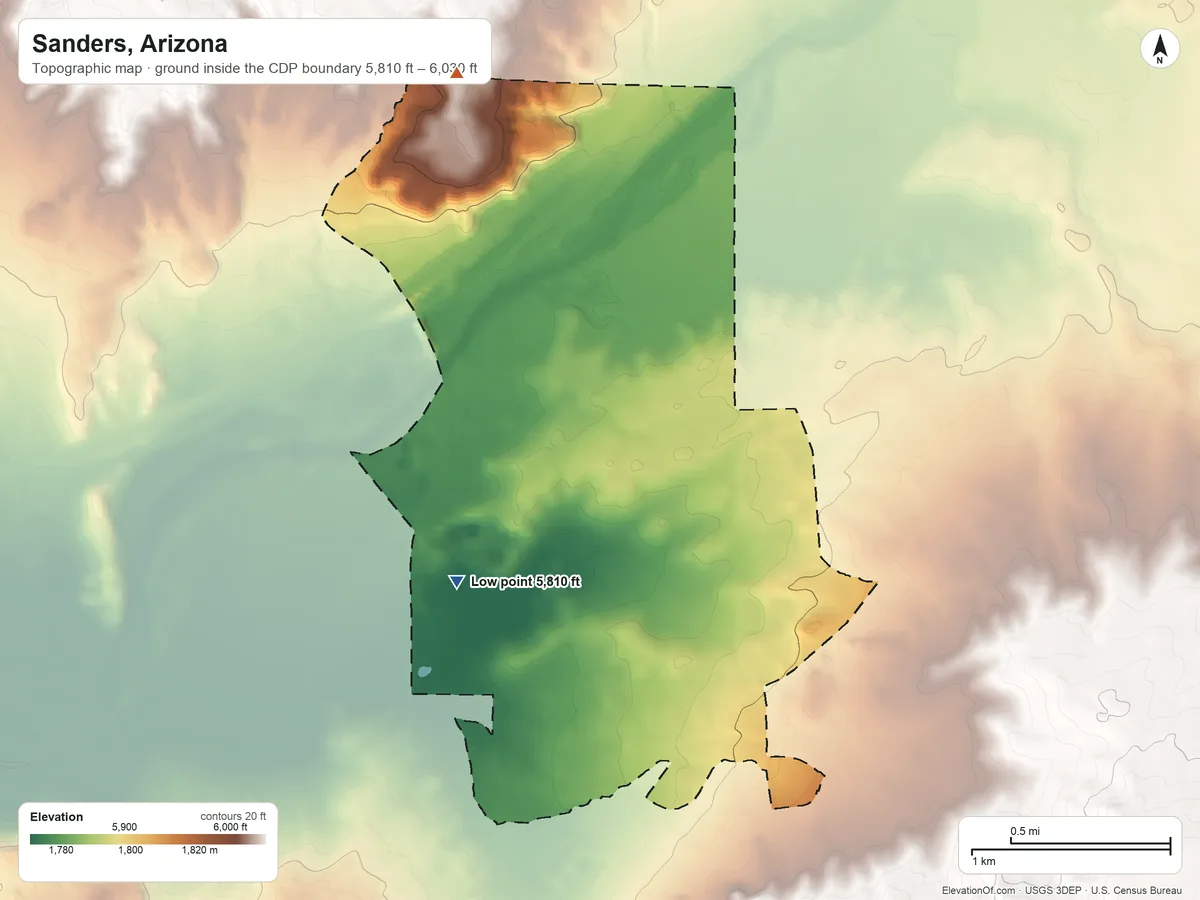 Topographic elevation map of Sanders, Arizona, shaded from 5,810 ft on the southwest side to 6,030 ft on the northwest side