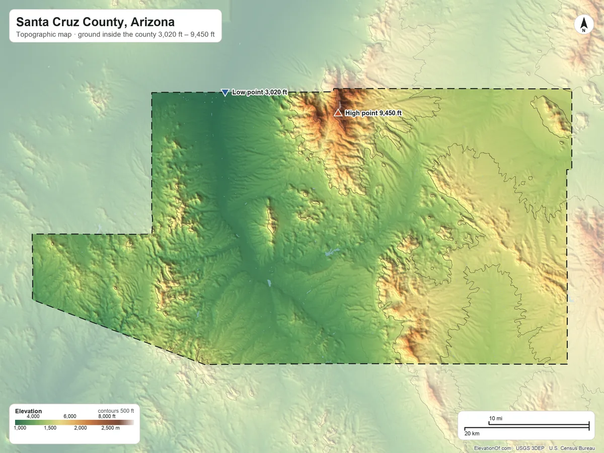 Topographic elevation map of Santa Cruz County, Arizona, shaded from 3,020 ft on the northwest side to 9,450 ft on Mount Wrightson