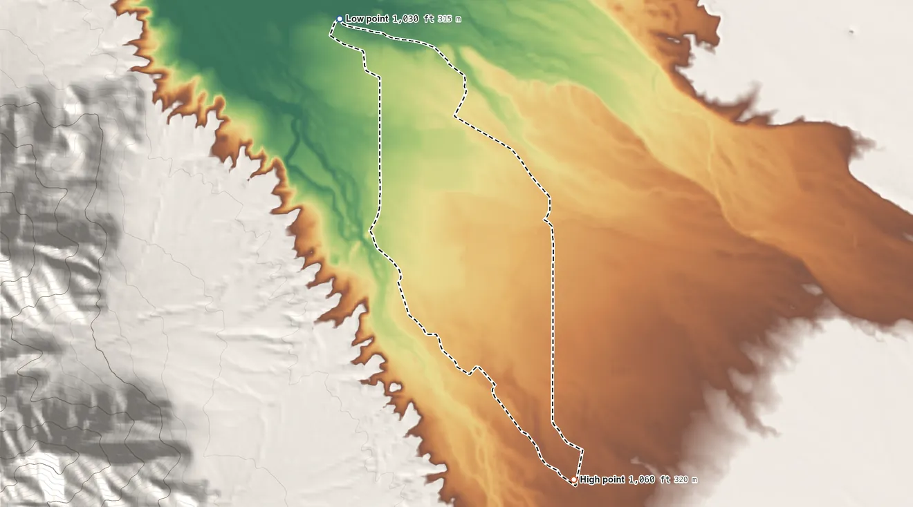 Topographic elevation map of Santa Cruz, Arizona, shaded from 1,030 ft on the north side to 1,060 ft on the southeast side