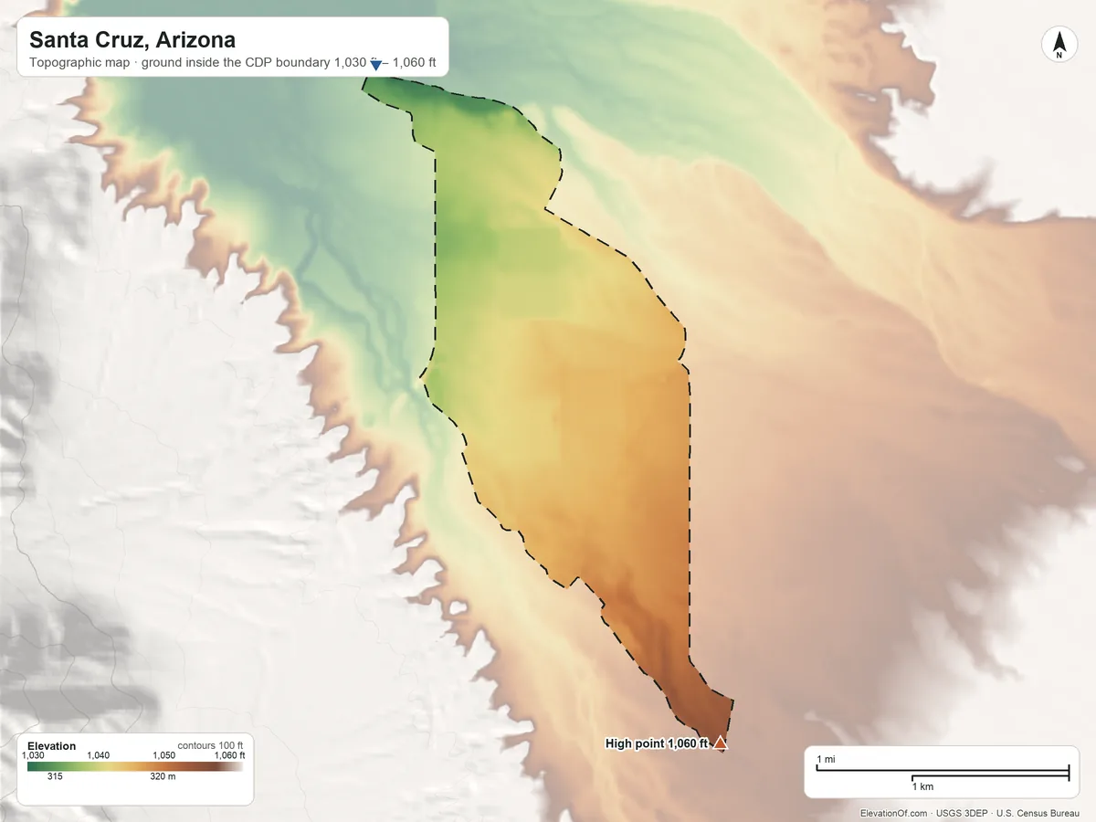 Topographic elevation map of Santa Cruz, Arizona, shaded from 1,030 ft on the north side to 1,060 ft on the southeast side