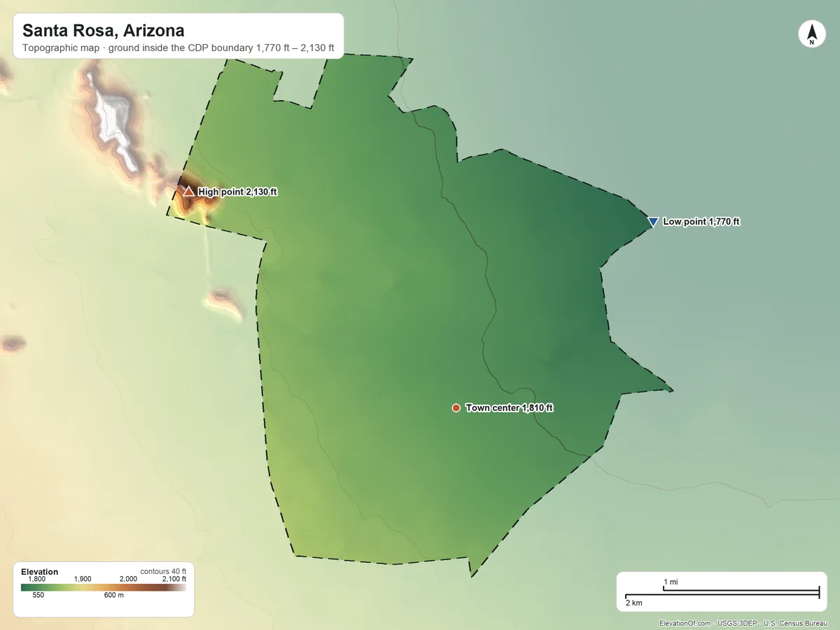 Topographic elevation map of Santa Rosa, Arizona, shaded from 1,770 ft on the northeast side to 2,130 ft on the northwest side