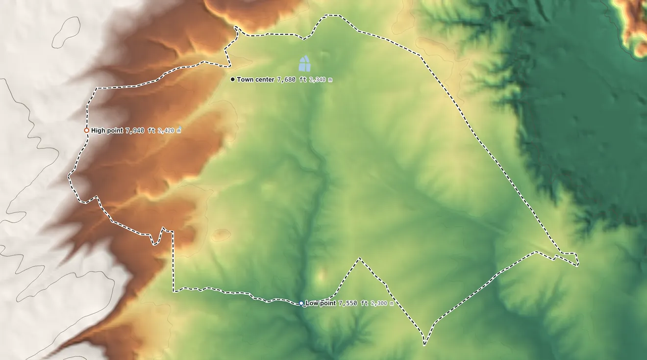 Topographic elevation map of Sawmill, Arizona, shaded from 7,550 ft on the south side to 7,940 ft on the west side