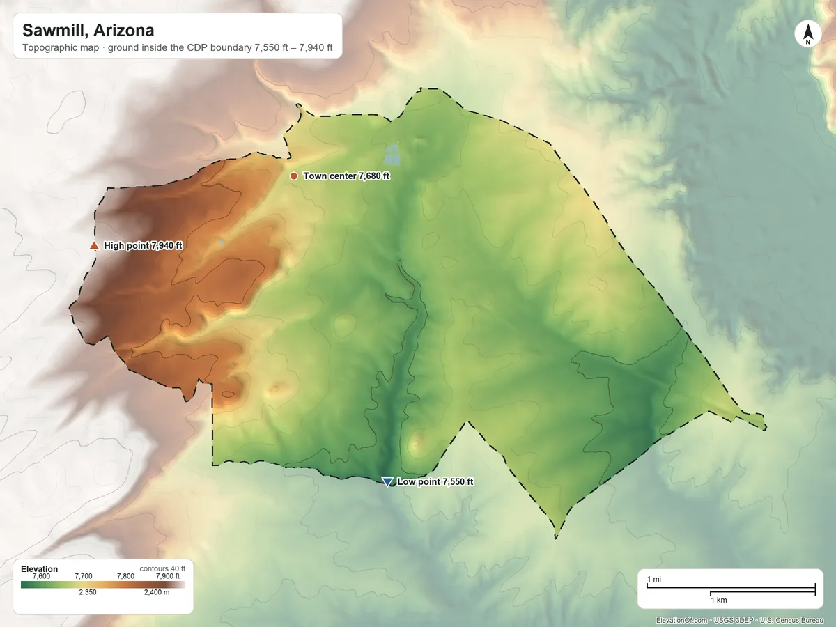Topographic elevation map of Sawmill, Arizona, shaded from 7,550 ft on the south side to 7,940 ft on the west side