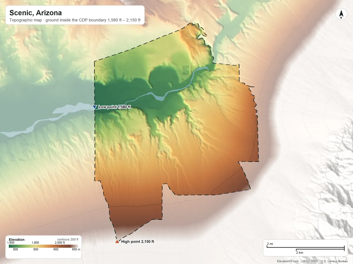 Topographic elevation map of Scenic, Arizona, shaded from 1,580 ft on the west side to 2,150 ft on the southwest edge, below higher ground just outside