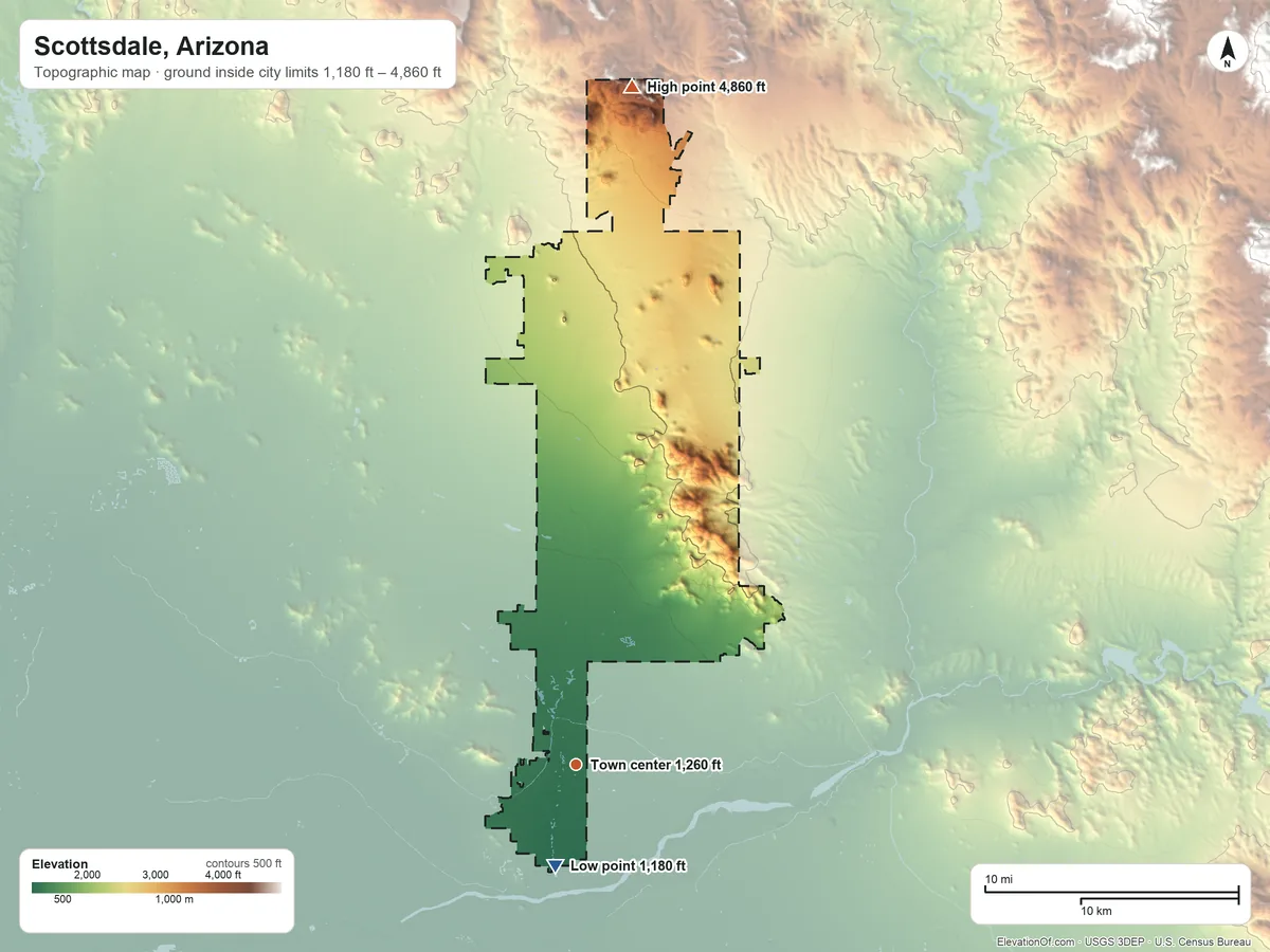 Topographic elevation map of Scottsdale, Arizona, shaded from 1,180 ft on the south side to 4,860 ft on Butte Peak