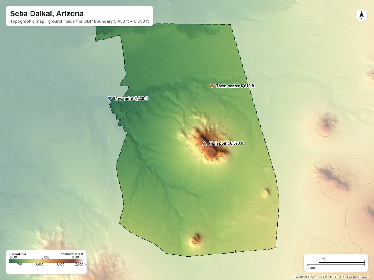 Topographic elevation map of Seba Dalkai, Arizona, shaded from 5,430 ft on the west side to 6,590 ft on Bad Medicine Butte