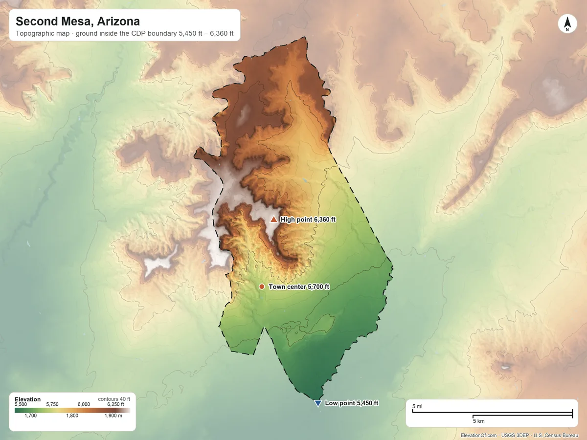 Topographic elevation map of Second Mesa, Arizona, shaded from 5,450 ft on the southeast side to 6,360 ft on the north side