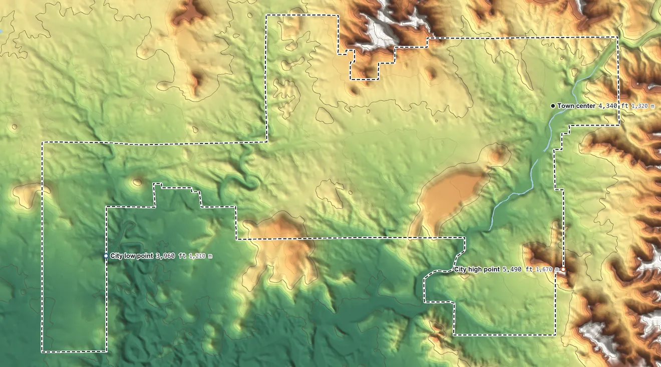 Topographic elevation map of Sedona, Arizona, shaded from 3,960 ft on the west side to 5,490 ft at the foot of the Mortgage Tank