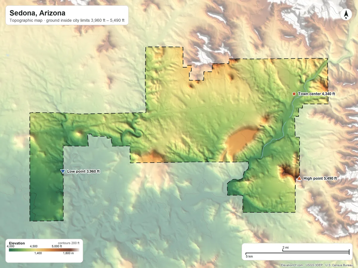 Topographic elevation map of Sedona, Arizona, shaded from 3,960 ft on the west side to 5,490 ft at the foot of the Mortgage Tank