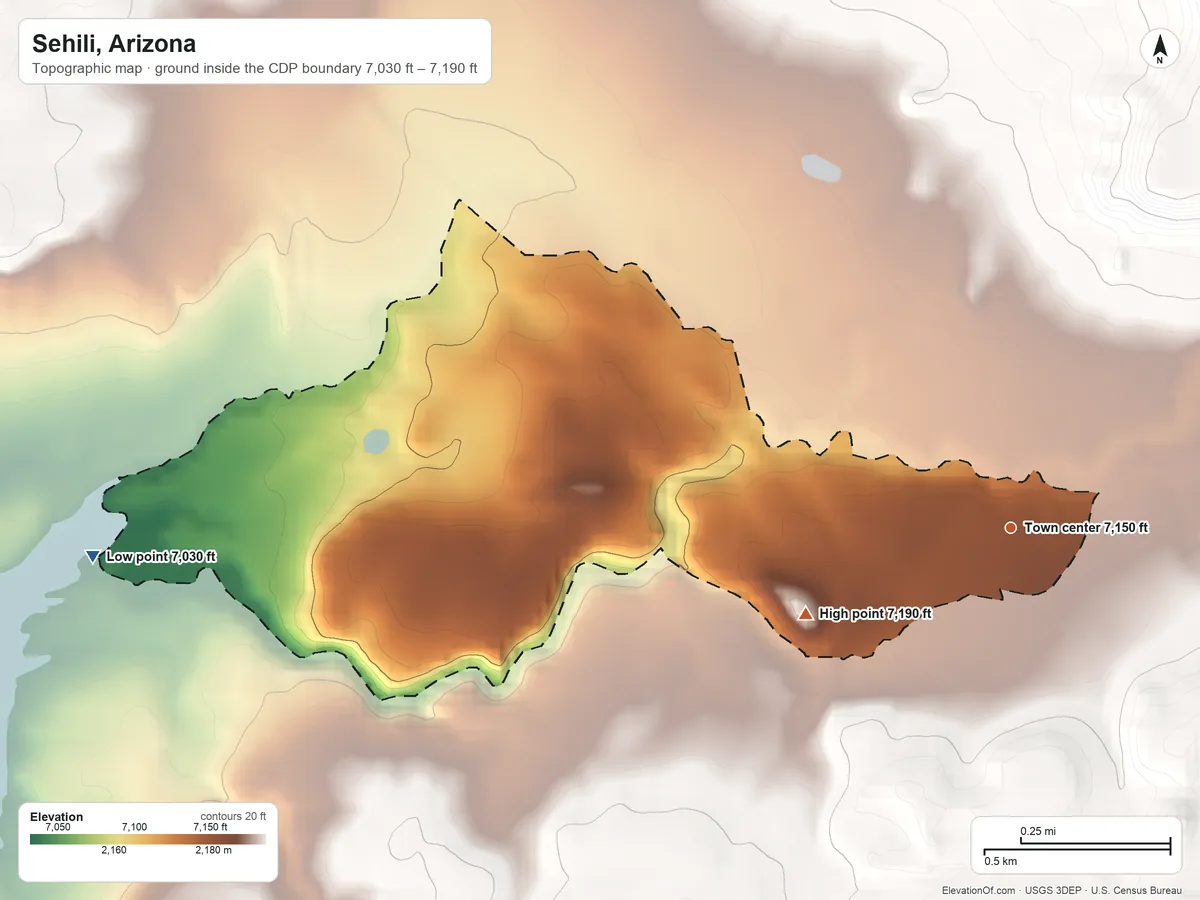Topographic elevation map of Sehili, Arizona, shaded from 7,030 ft on the west side to 7,190 ft at the foot of the Tunitcha Mountains