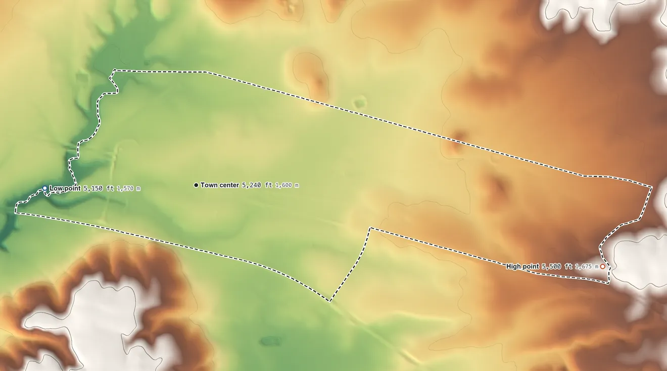 Topographic elevation map of Seligman, Arizona, shaded from 5,150 ft on the west side to 5,500 ft on the east side