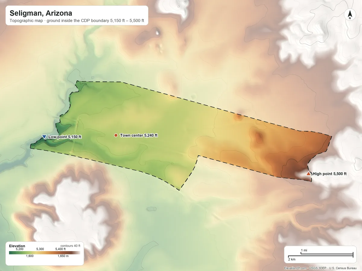 Topographic elevation map of Seligman, Arizona, shaded from 5,150 ft on the west side to 5,500 ft on the east side