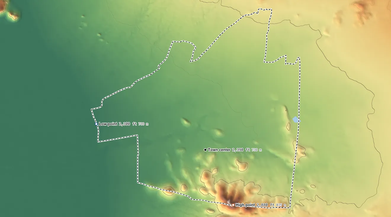 Topographic elevation map of Sells, Arizona, shaded from 2,300 ft on the west side to 2,880 ft on the southeast side