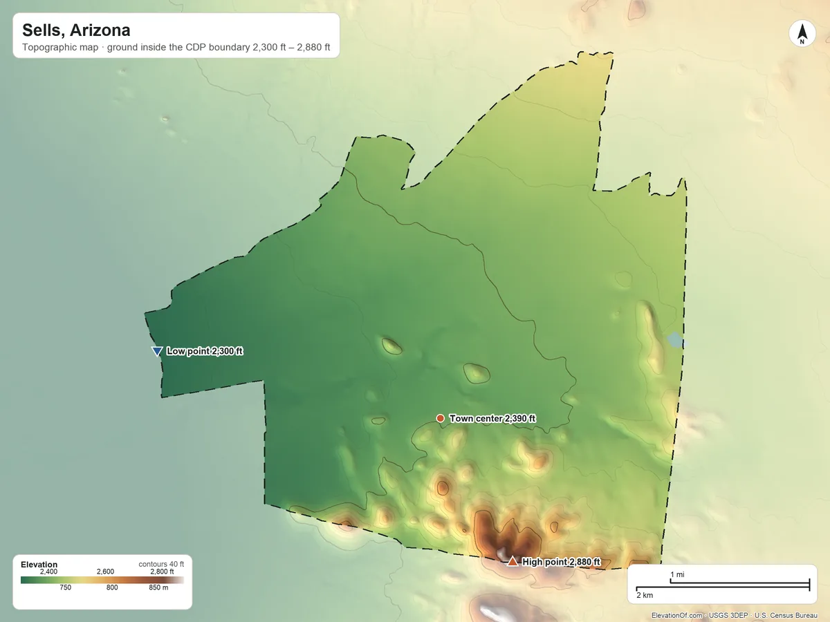 Topographic elevation map of Sells, Arizona, shaded from 2,300 ft on the west side to 2,880 ft on the southeast side
