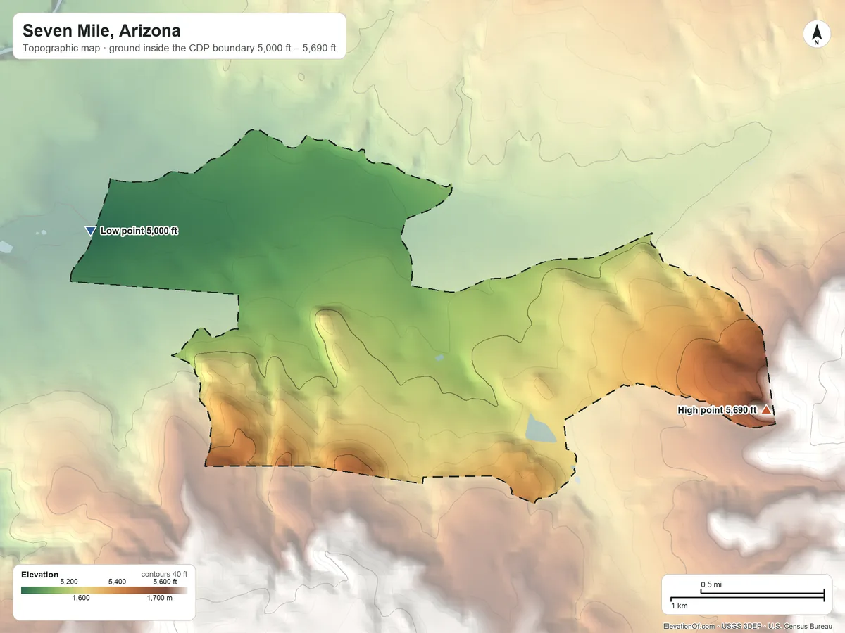 Topographic elevation map of Seven Mile, Arizona, shaded from 5,000 ft on the west side to 5,690 ft on the east edge, below higher ground just outside
