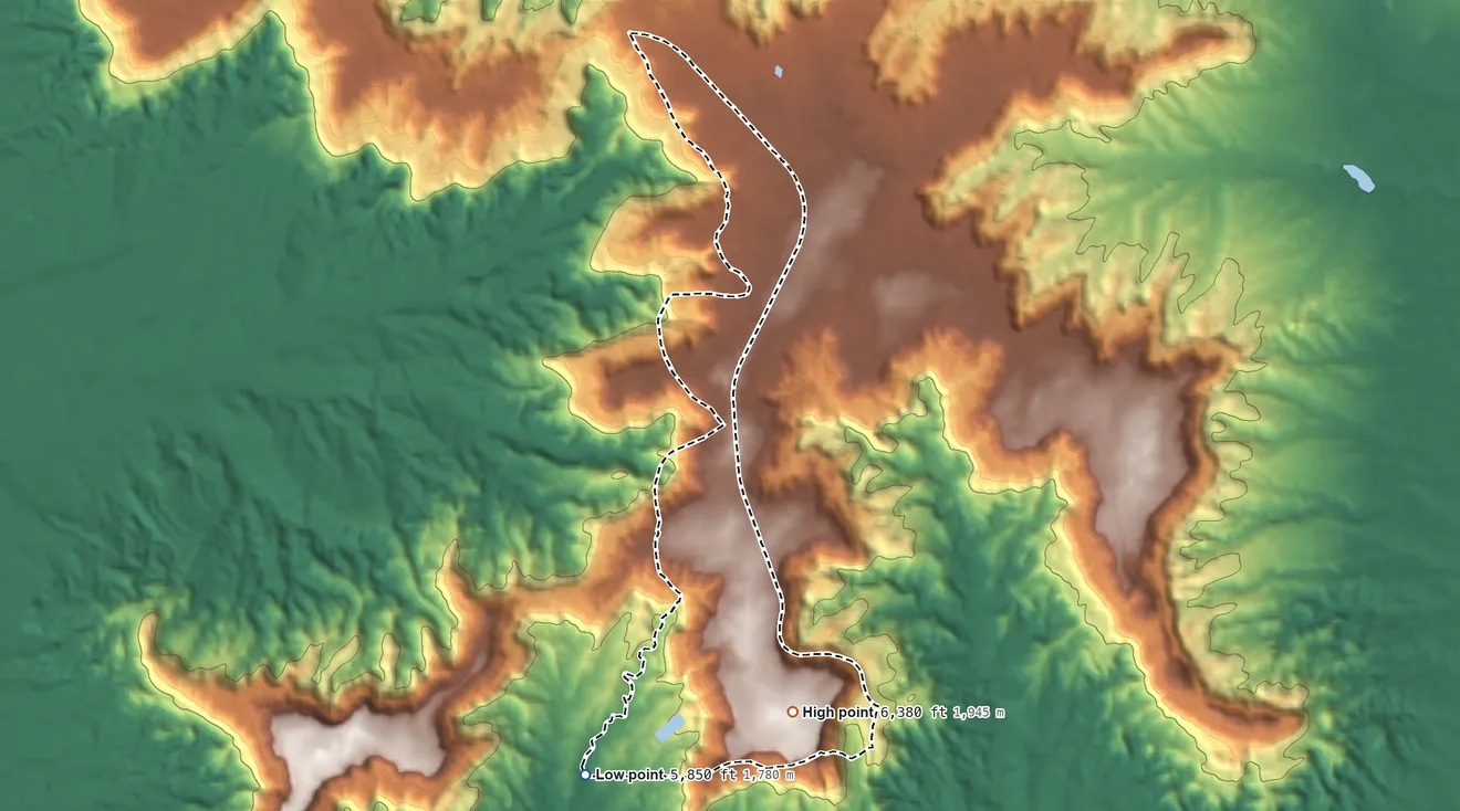Topographic elevation map of Shongopovi, Arizona, shaded from 5,850 ft on the southwest side to 6,380 ft on Second Mesa