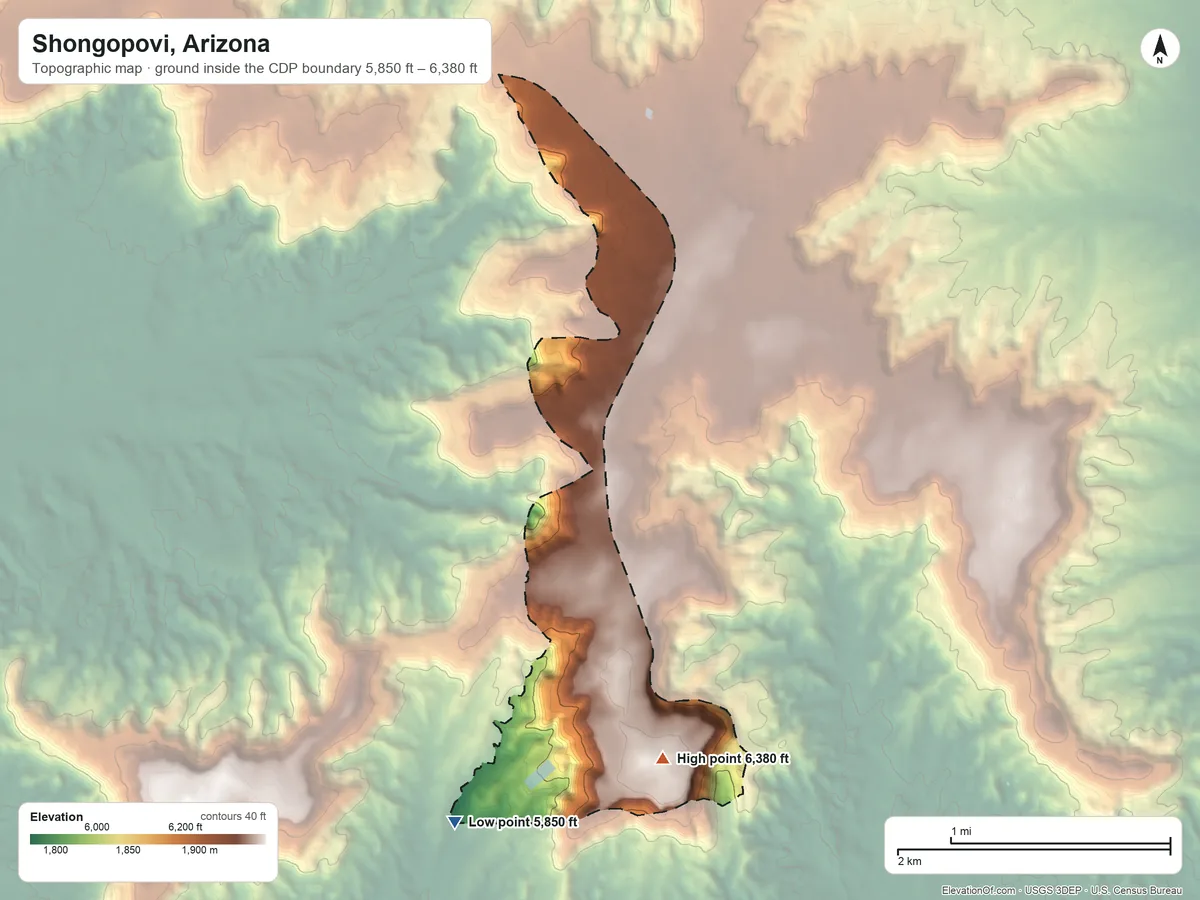 Topographic elevation map of Shongopovi, Arizona, shaded from 5,850 ft on the southwest side to 6,380 ft on Second Mesa