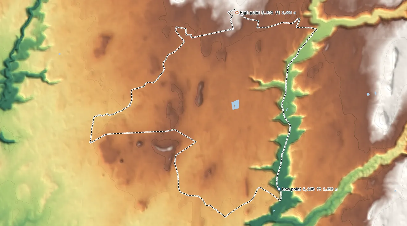 Topographic elevation map of Shonto, Arizona, shaded from 6,190 ft on the southeast side to 6,590 ft on the north side