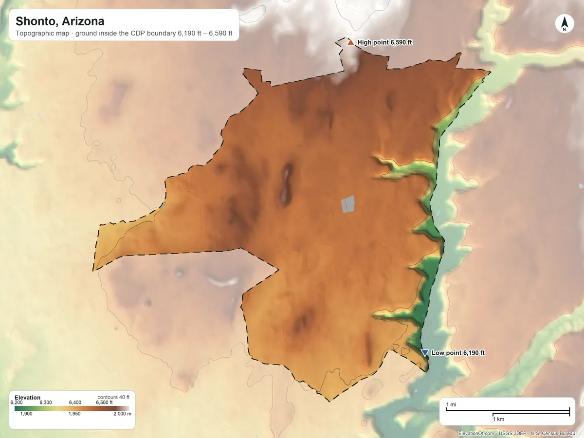 Topographic elevation map of Shonto, Arizona, shaded from 6,190 ft on the southeast side to 6,590 ft on the north side