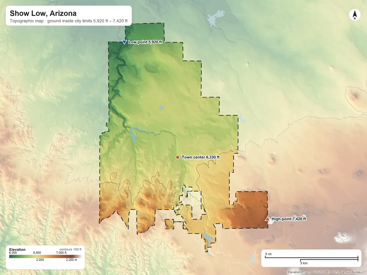 Topographic elevation map of Show Low, Arizona, shaded from 5,920 ft on the northwest side to 7,420 ft on the southeast edge, below higher ground just outside