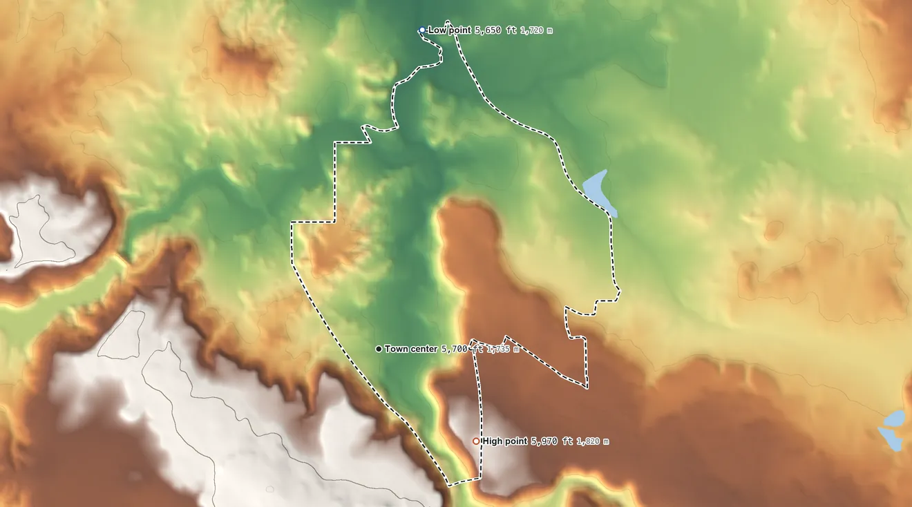 Topographic elevation map of Shumway, Arizona, shaded from 5,650 ft on the north side to 5,970 ft on the southeast side