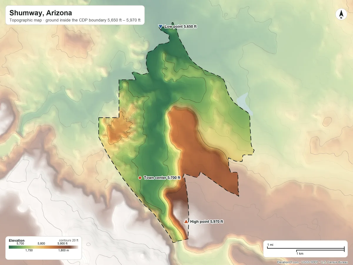 Topographic elevation map of Shumway, Arizona, shaded from 5,650 ft on the north side to 5,970 ft on the southeast side