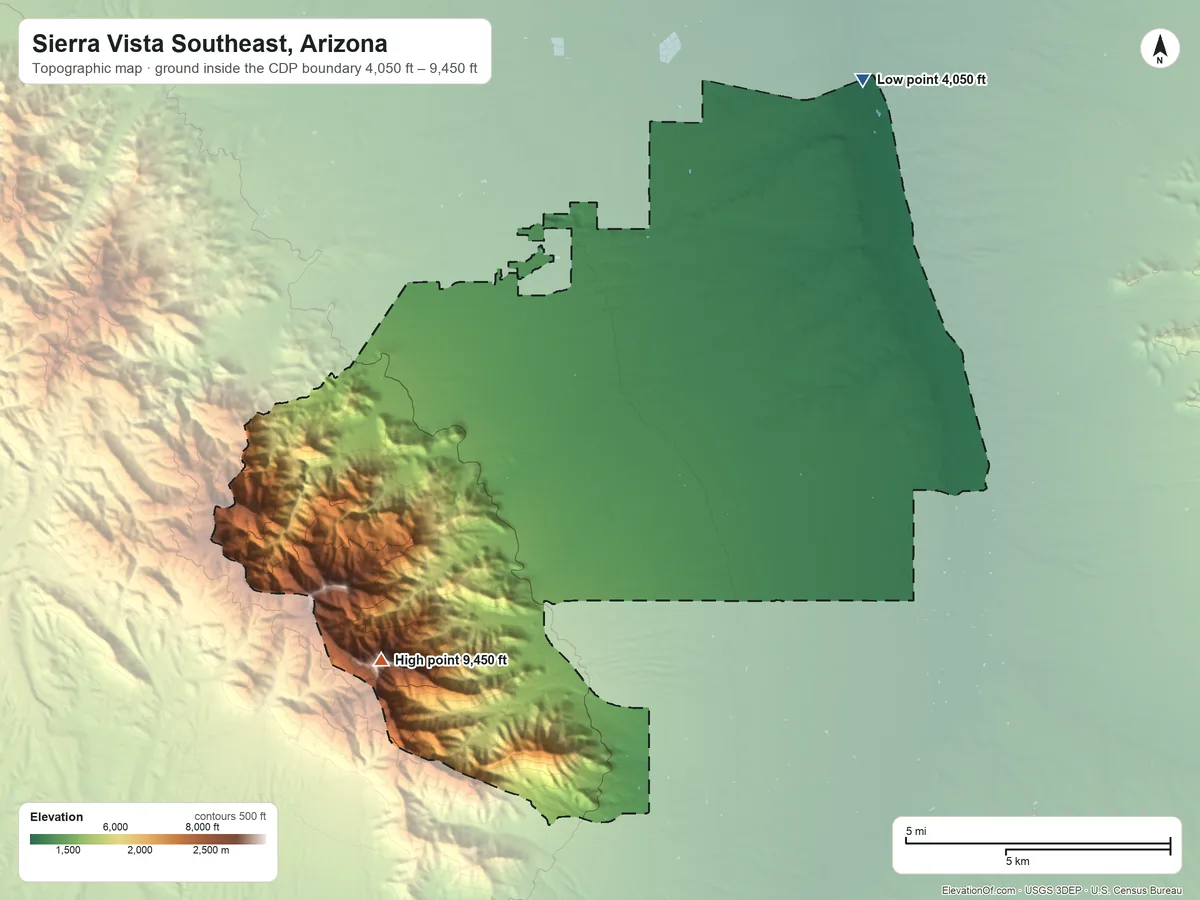 Topographic elevation map of Sierra Vista Southeast, Arizona, shaded from 4,050 ft on the northeast side to 9,450 ft on Miller Peak