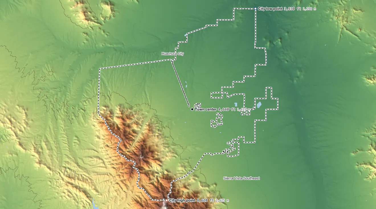 Topographic elevation map of Sierra Vista, Arizona, shaded from 3,930 ft on the northeast side to 8,620 ft on the south side