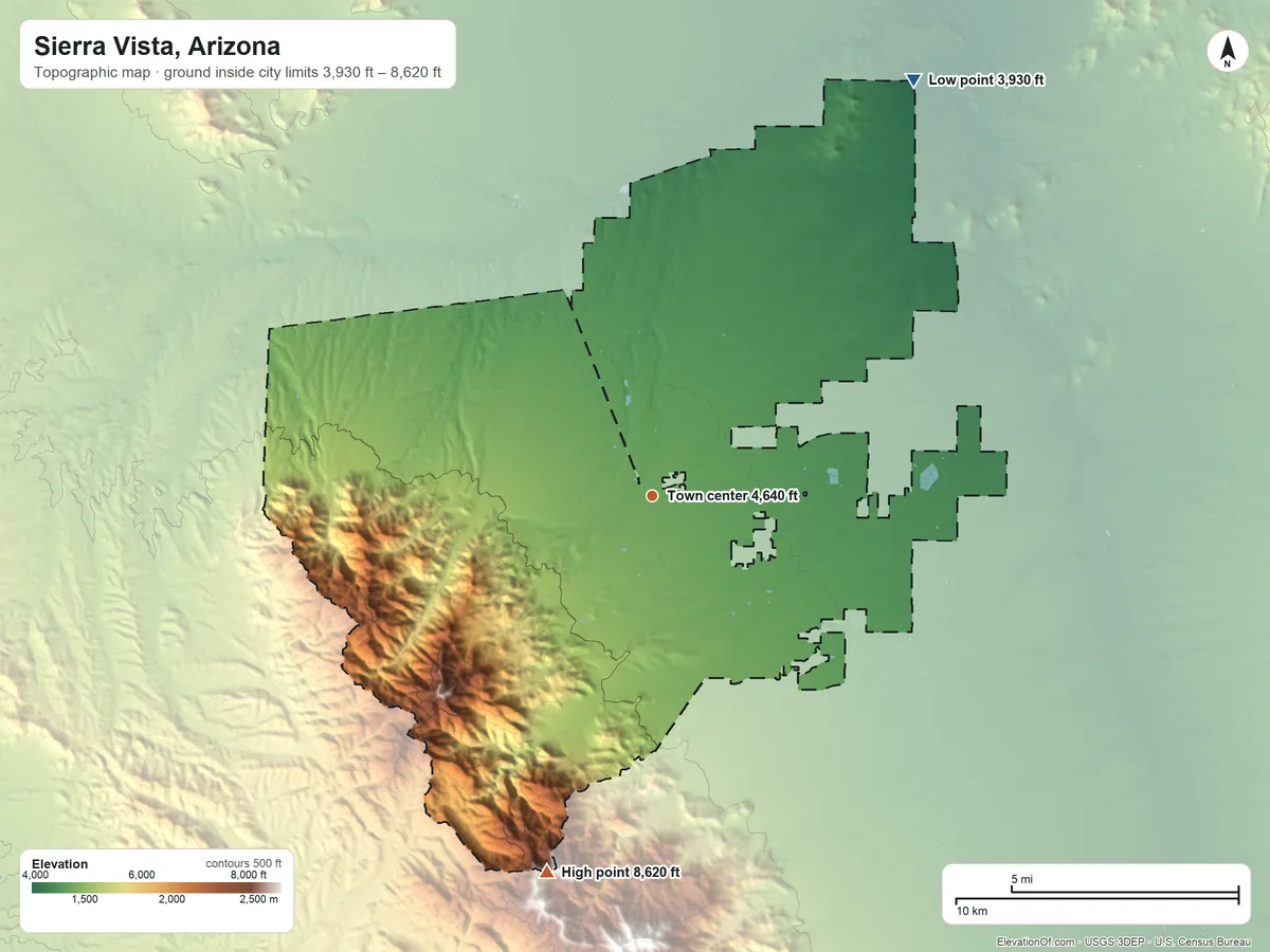 Topographic elevation map of Sierra Vista, Arizona, shaded from 3,930 ft on the northeast side to 8,620 ft on the south side