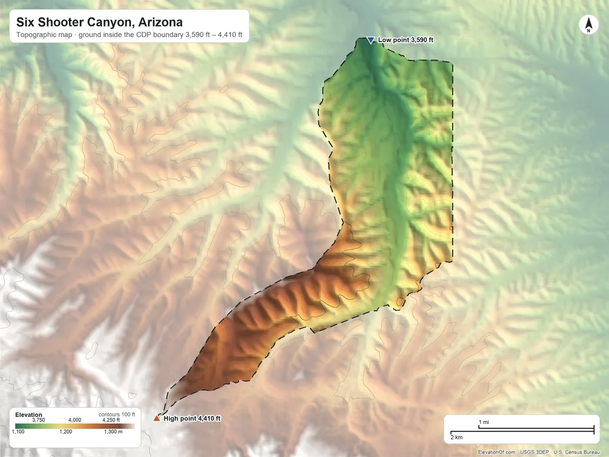 Topographic elevation map of Six Shooter Canyon, Arizona, shaded from 3,590 ft on the north side to 4,410 ft on the southwest edge, below higher ground just outside