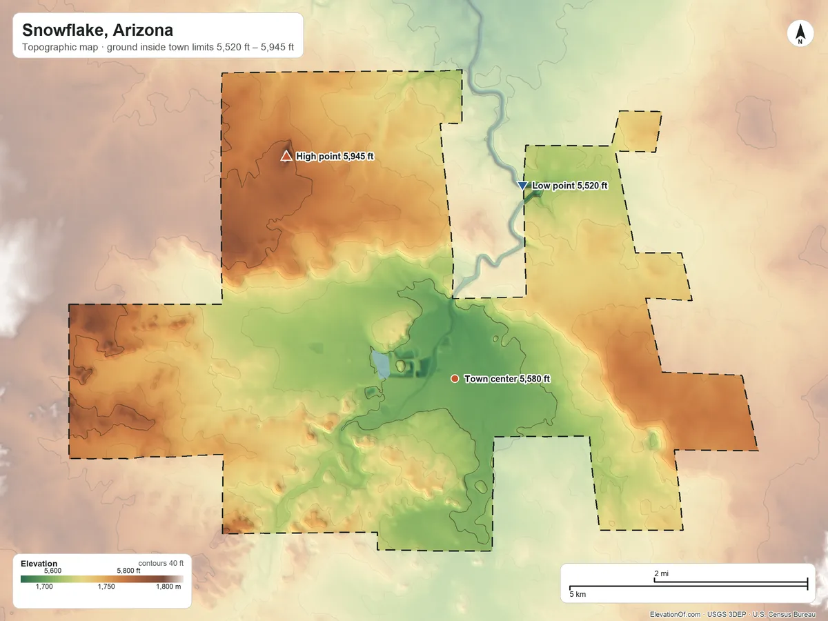 Topographic elevation map of Snowflake, Arizona, shaded from 5,520 ft on the north side to 5,945 ft on Fourmile Knoll