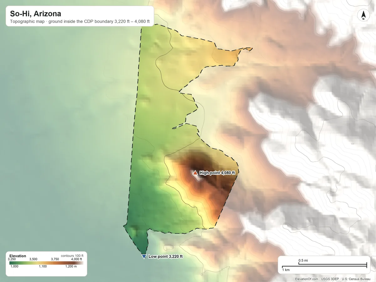 Topographic elevation map of So-Hi, Arizona, shaded from 3,220 ft on the south side to 4,080 ft on the southeast edge, below higher ground just outside