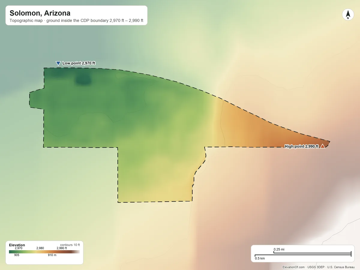 Topographic elevation map of Solomon, Arizona, shaded from 2,970 ft on the northwest side to 2,990 ft on the east side