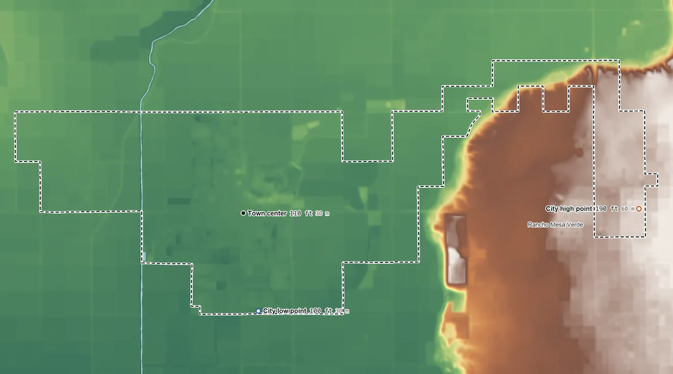 Topographic elevation map of Somerton, Arizona, shaded from 100 ft on the south side to 190 ft on the east side