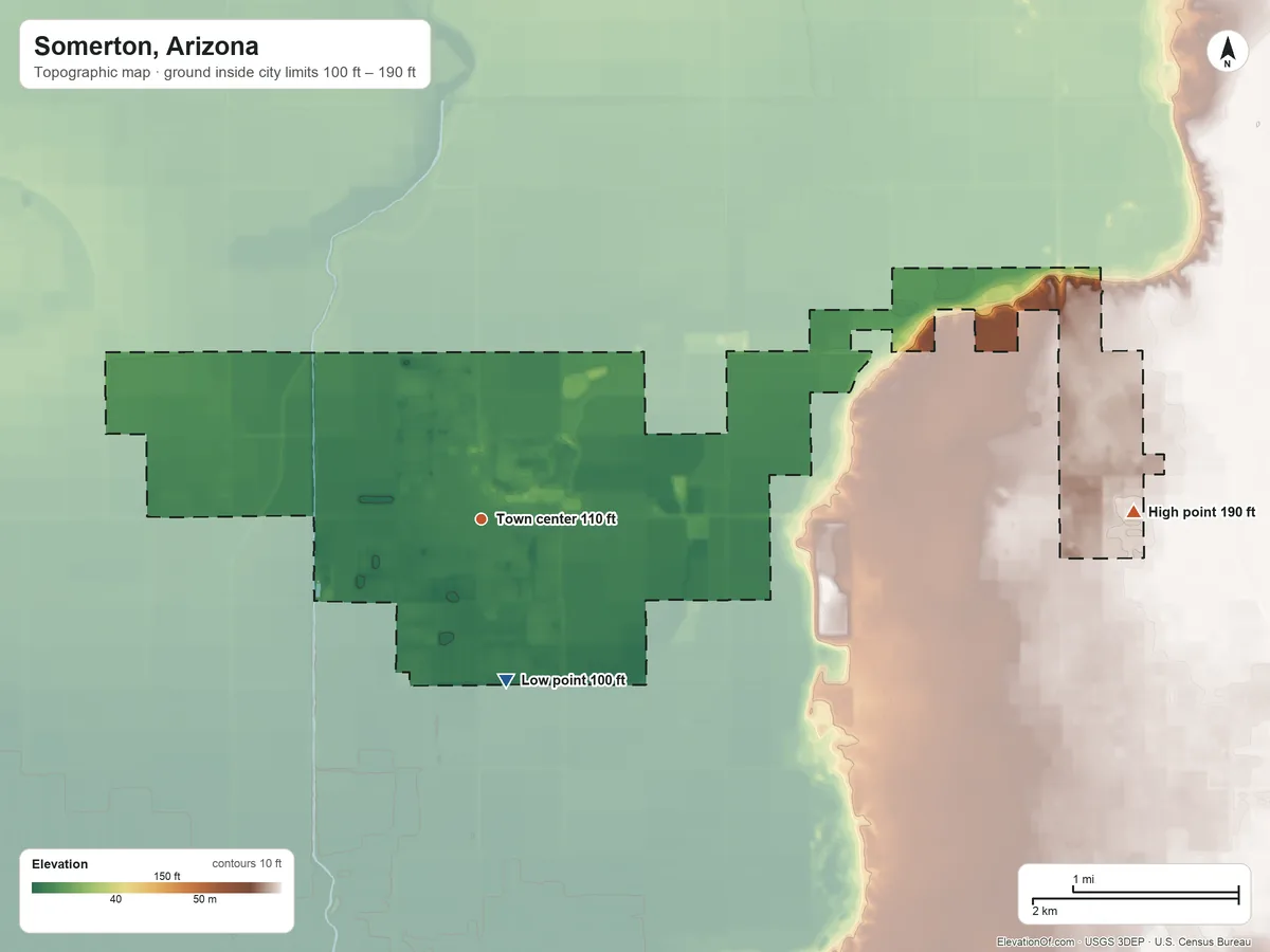 Topographic elevation map of Somerton, Arizona, shaded from 100 ft on the south side to 190 ft on the east side