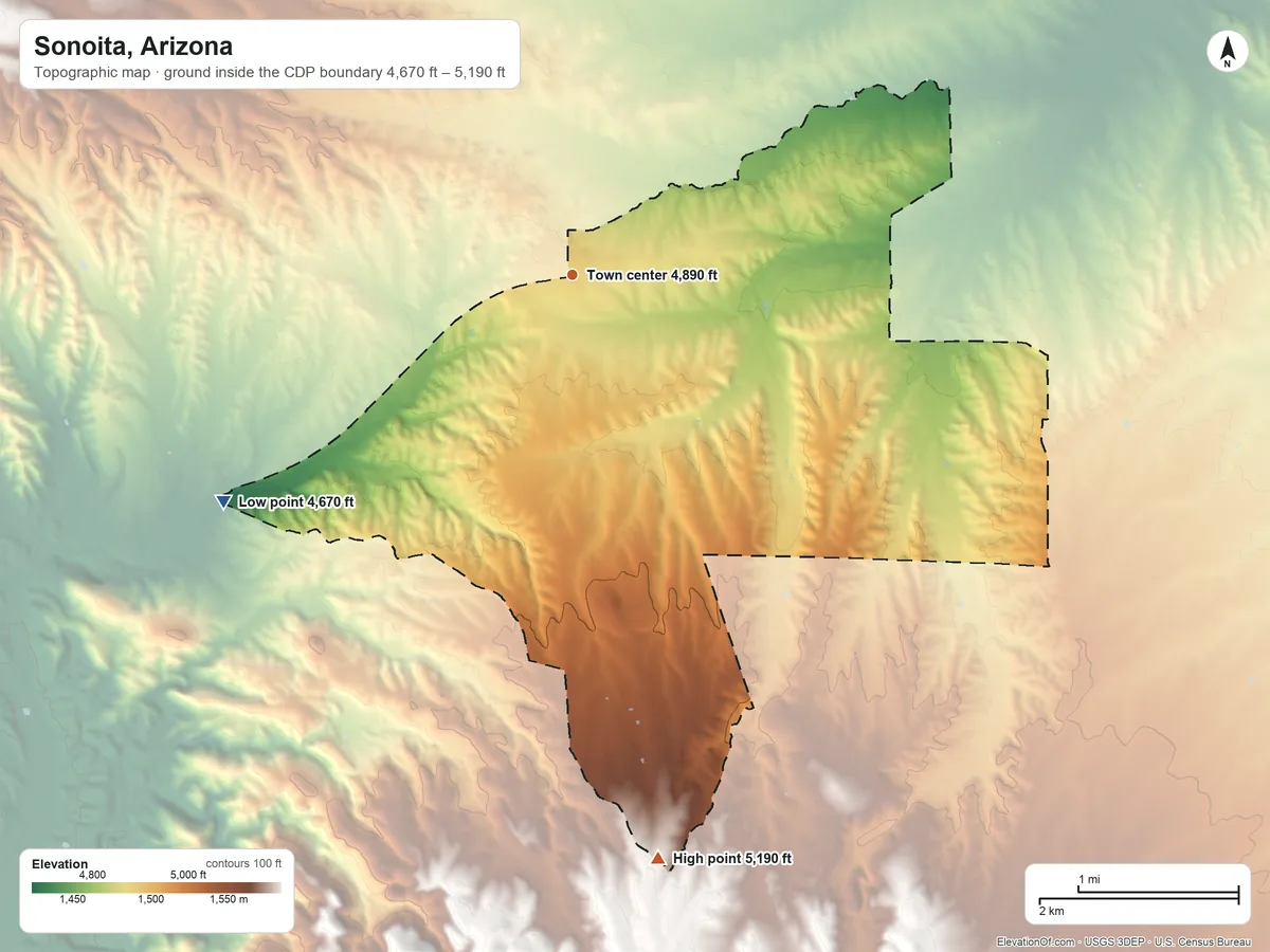 Topographic elevation map of Sonoita, Arizona, shaded from 4,670 ft on the southwest side to 5,190 ft at the foot of the Mustang Mountains