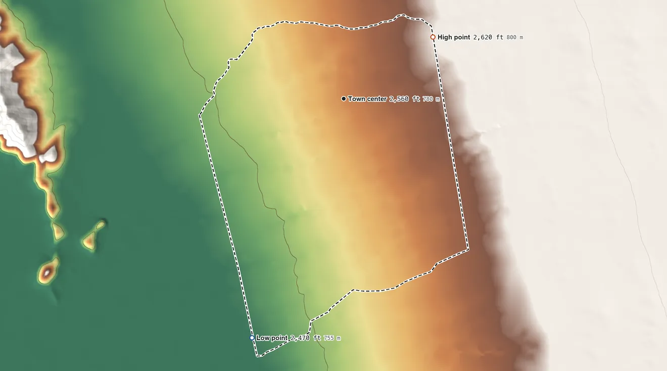 Topographic elevation map of South Komelik, Arizona, shaded from 2,470 ft on the south side to 2,620 ft on the northeast side