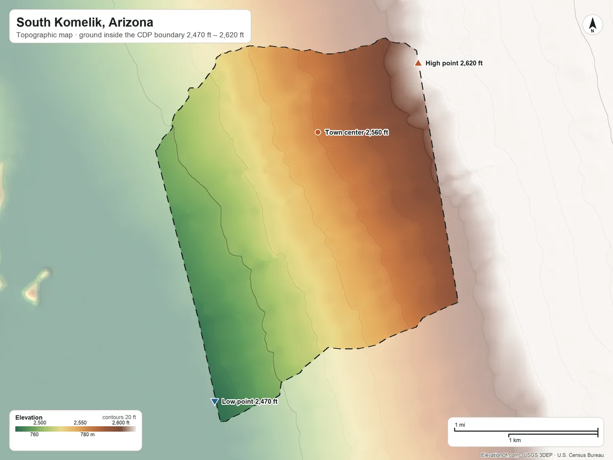 Topographic elevation map of South Komelik, Arizona, shaded from 2,470 ft on the south side to 2,620 ft on the northeast side