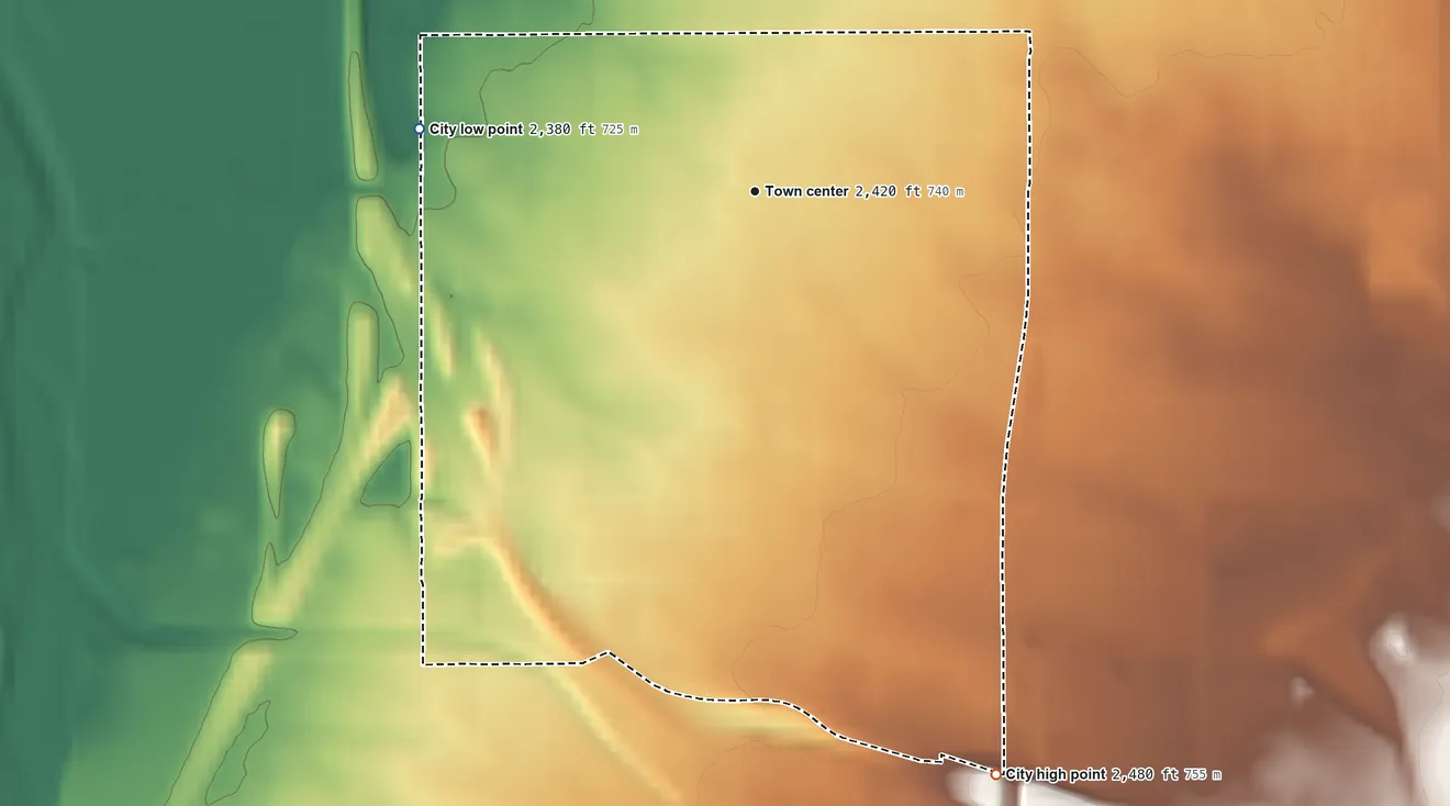 Topographic elevation map of South Tucson, Arizona, shaded from 2,380 ft on the west side to 2,480 ft on the south side