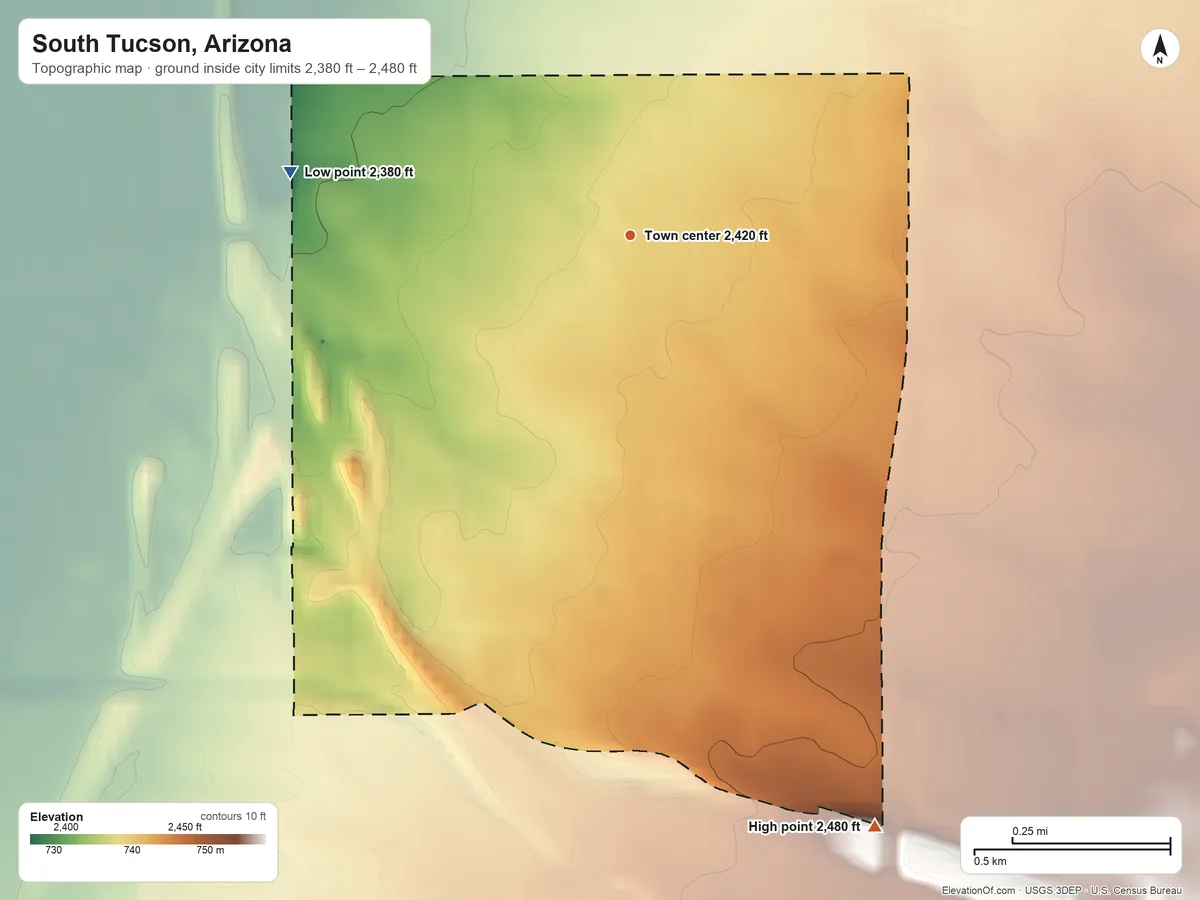 Topographic elevation map of South Tucson, Arizona, shaded from 2,380 ft on the west side to 2,480 ft on the south side